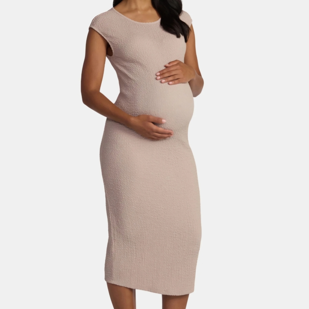 Time and Tru Maternity Textured Midi Dress Brown Bodycon Stretch